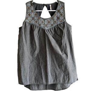 Mountain Khakis Sleeveless Top Embroidered Scoop Neck Back Cut Out Gray Small